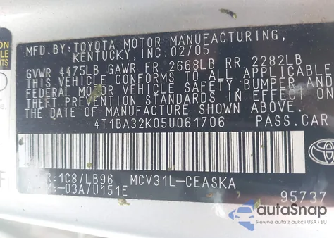 2005 Toyota Camry Se из США, поврежденный, VIN 4T1BA32K05U061706